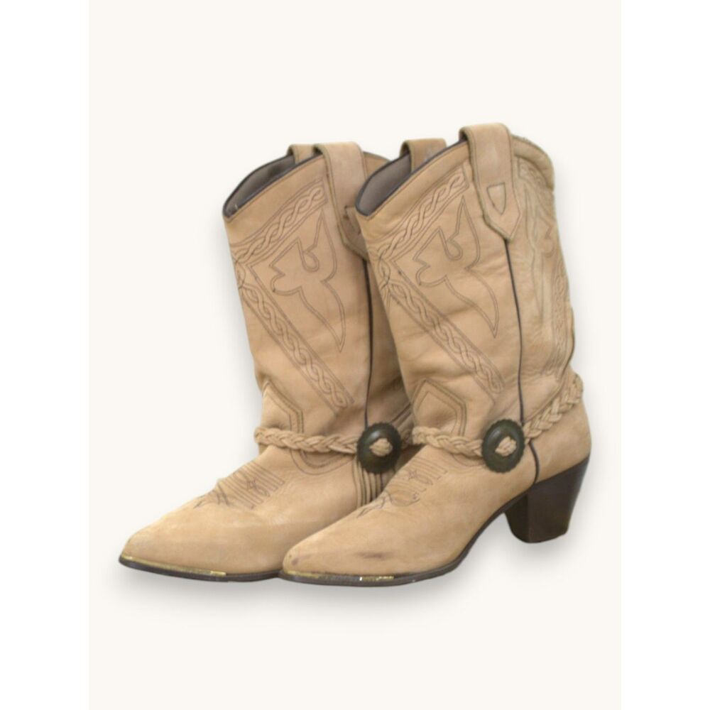 Oak Tree Farms Tan Leather Boots Braided Strap Concho Western Boho Cowgirl Sz 6
